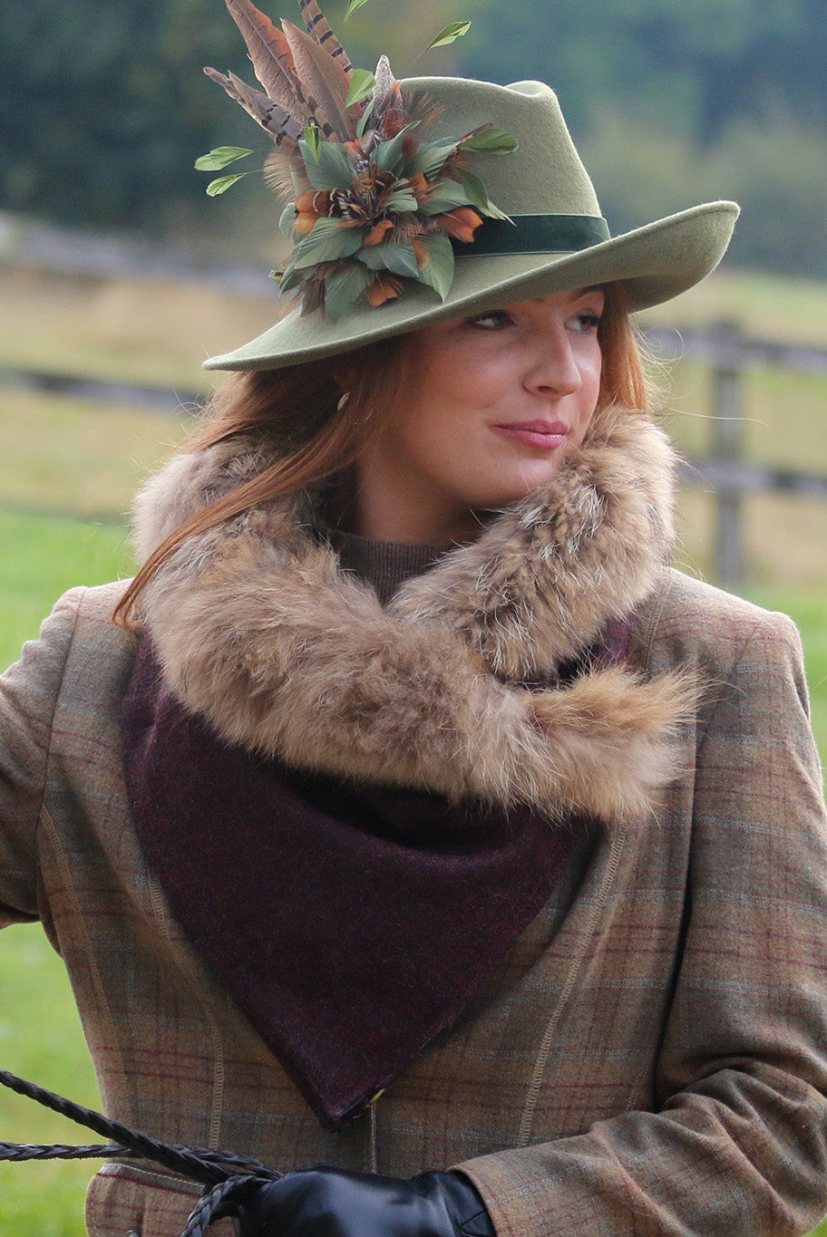Handmade reworked Fur edged Cowl neckpiece in Mulberry Tweed