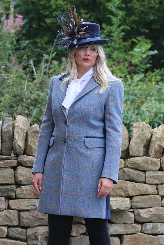 Tweed Wool Coat in Pale Blue with Navy detail