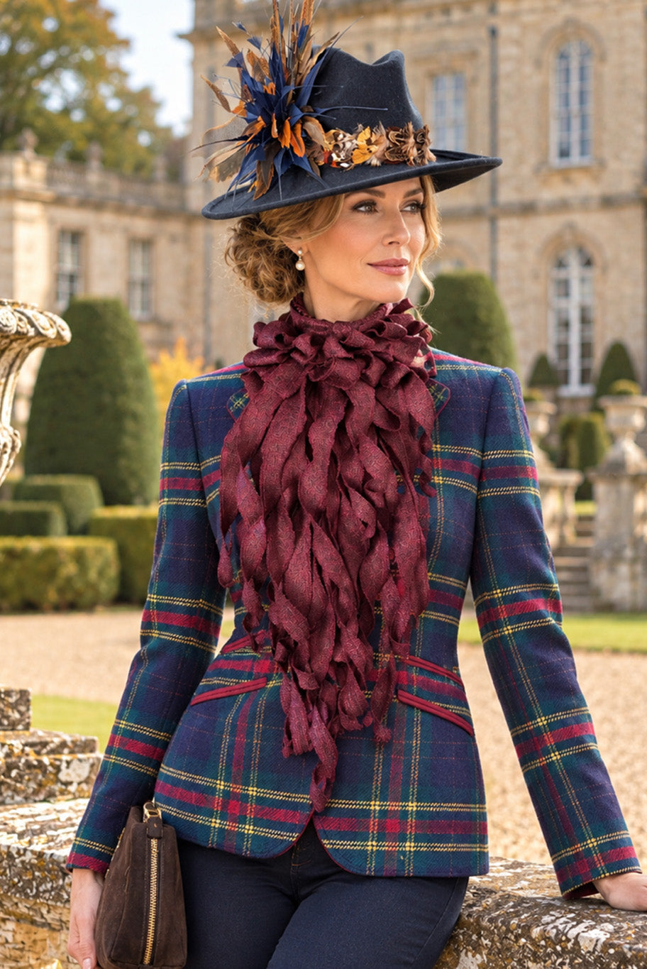 Handmade Jabot neckpiece in Deep Plum Tweed