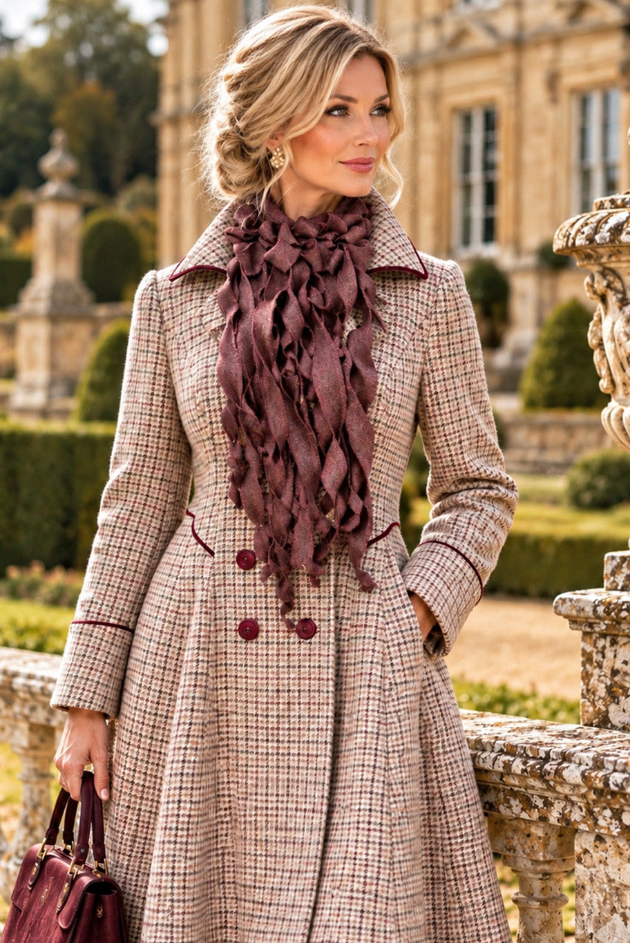 Handmade Jabot neckpiece in burgundy tweed