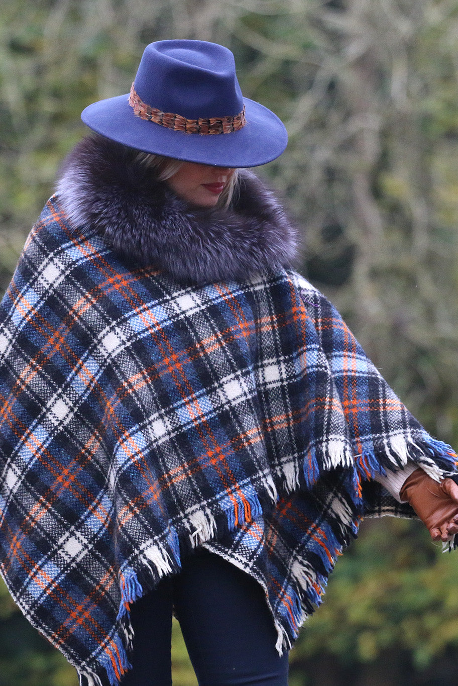 Ruana in Blue, Charcoal Grey and Burnt Orange check with Fur Collar