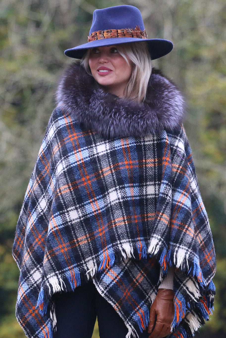 Ruana in Blue, Charcoal Grey and Burnt Orange check with Fur Collar
