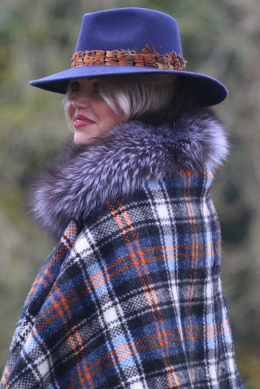 Ruana in Blue, Charcoal Grey and Burnt Orange check with Fur Collar