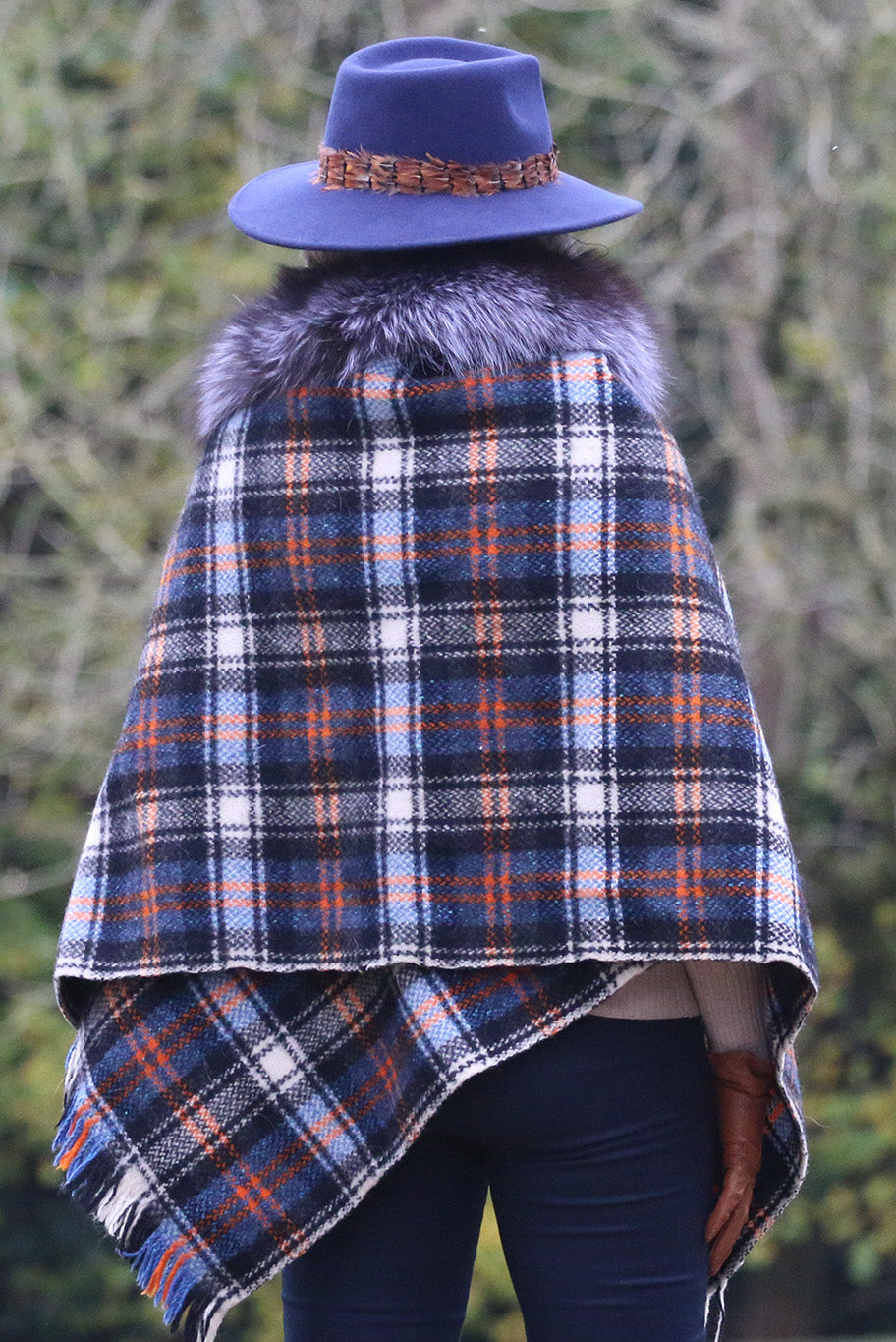 Ruana in Blue, Charcoal Grey and Burnt Orange check with Fur Collar