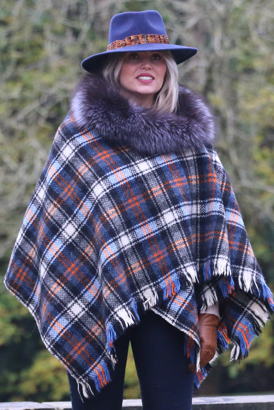 Ruana in Blue, Charcoal Grey and Burnt Orange check with Fur Collar