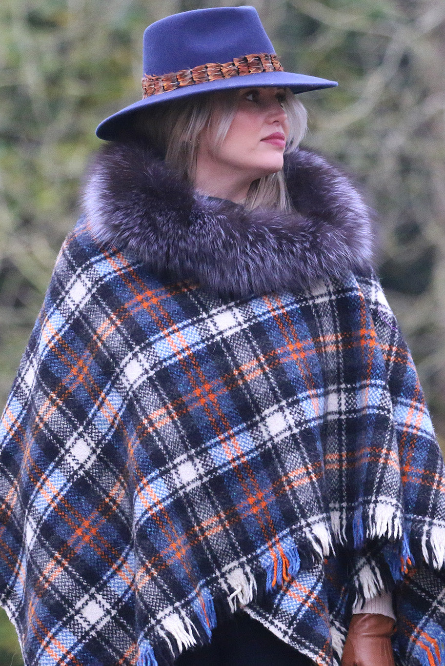 Ruana in Blue, Charcoal Grey and Burnt Orange check with Fur Collar
