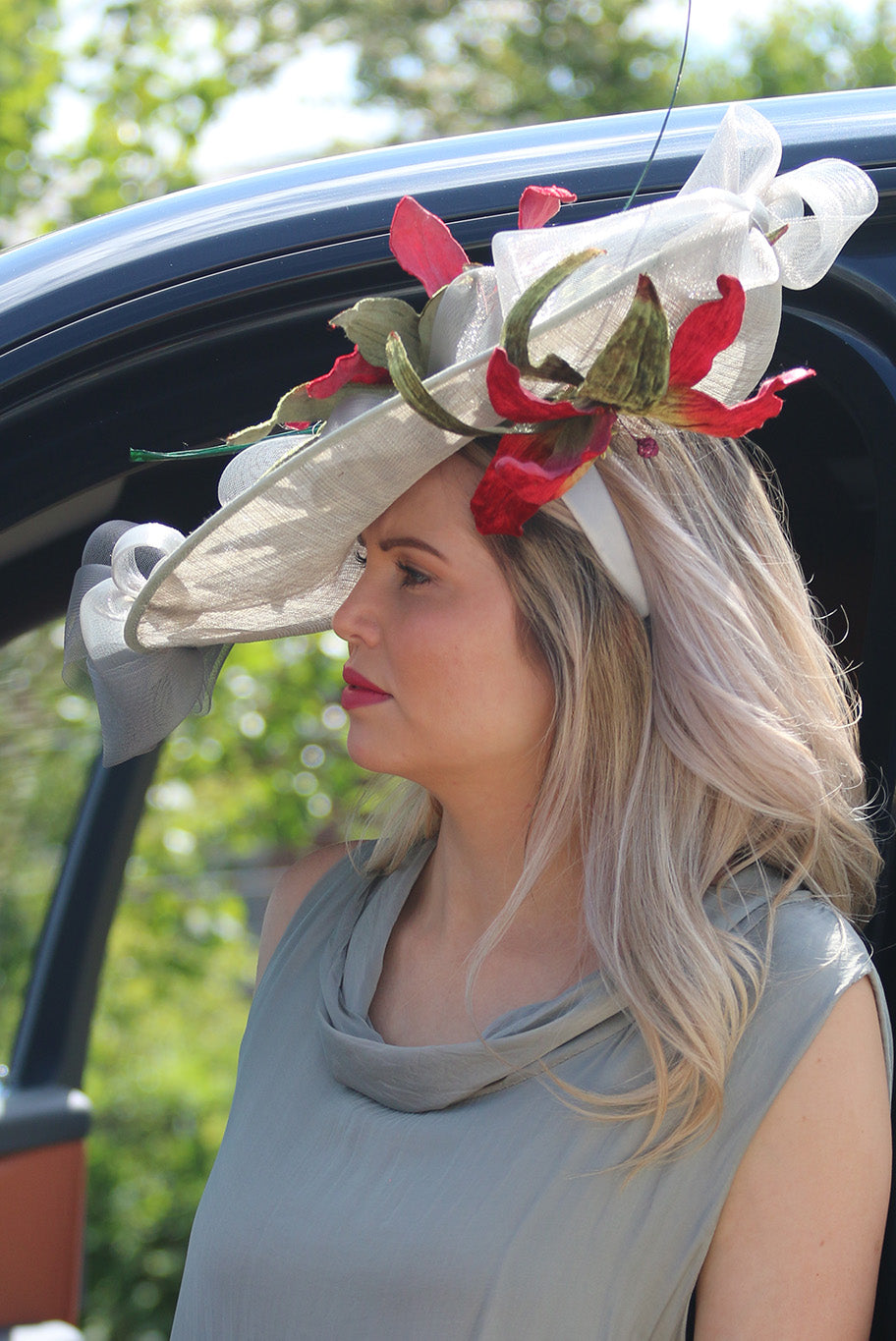 Summer Headpiece in Champagne with Scarlet detailing
