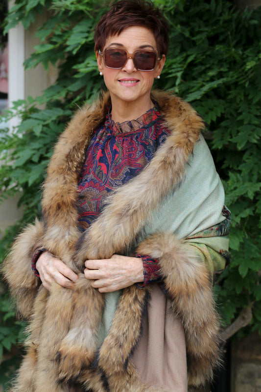 Double sided cashmere and vintage fur wrap