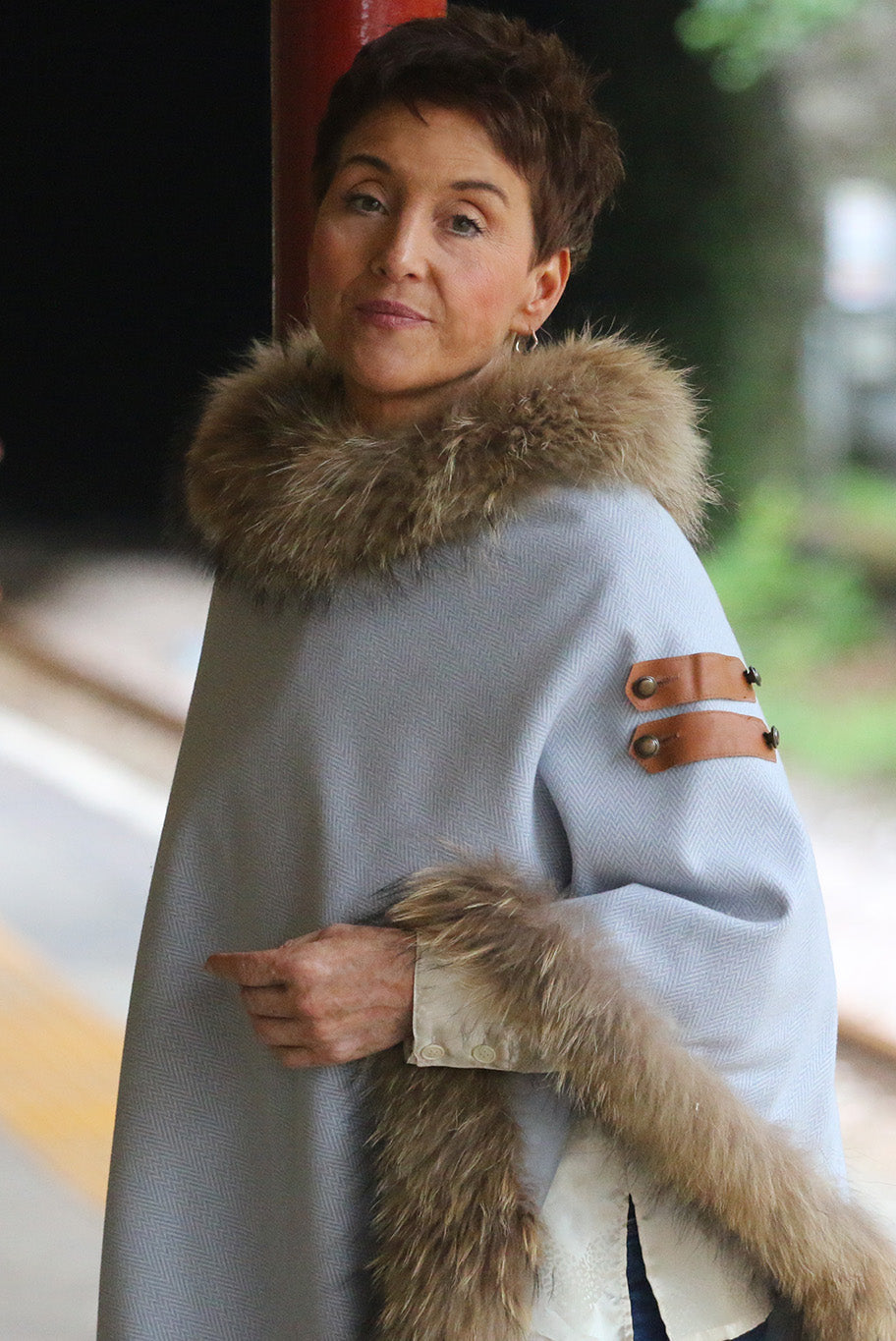 Classic Poncho style cape with reworked natural full fur trim