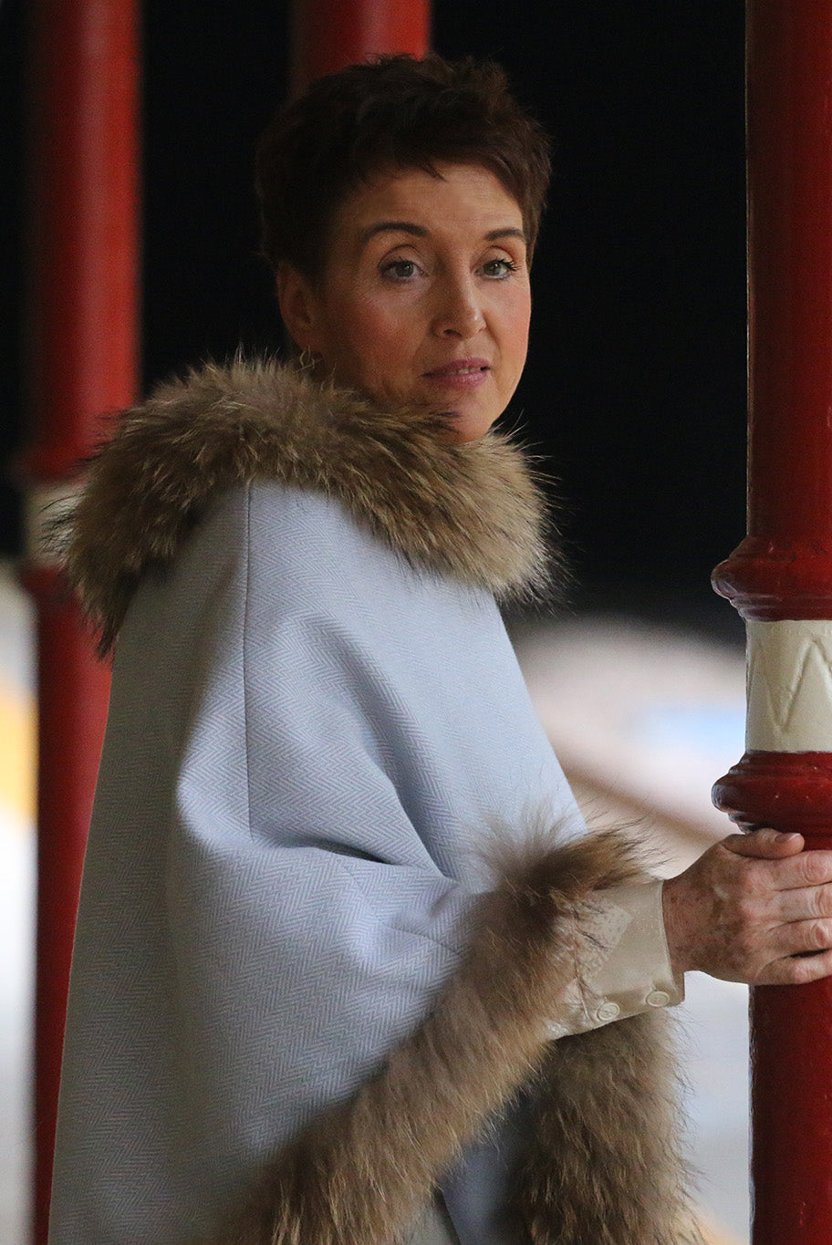 Classic Poncho style cape with reworked natural full fur trim