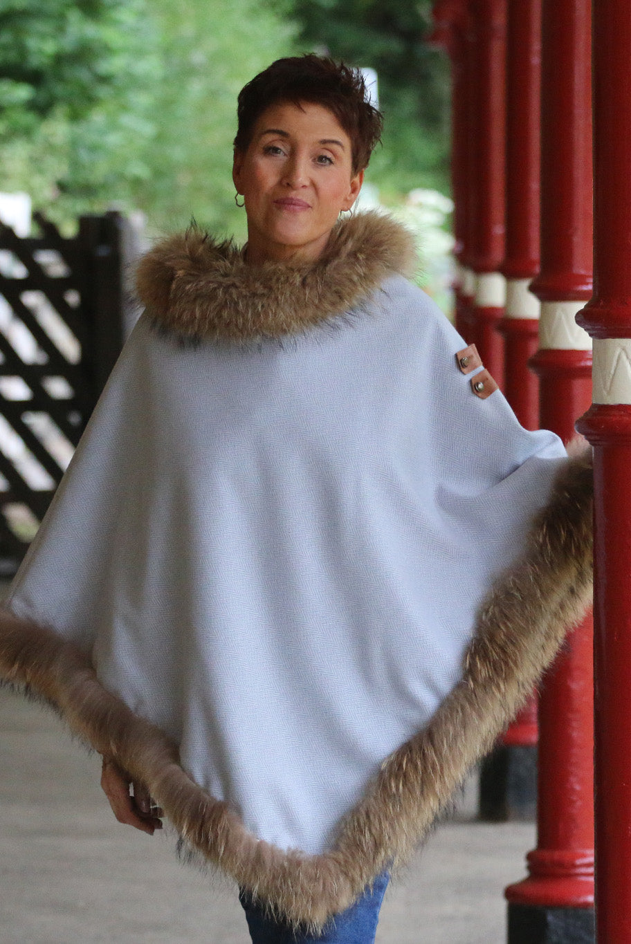 Classic Poncho style cape with reworked natural full fur trim
