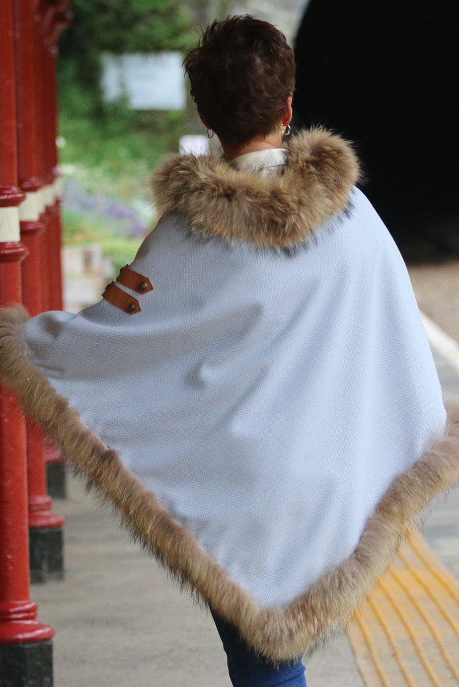 Classic Poncho style cape with reworked natural full fur trim