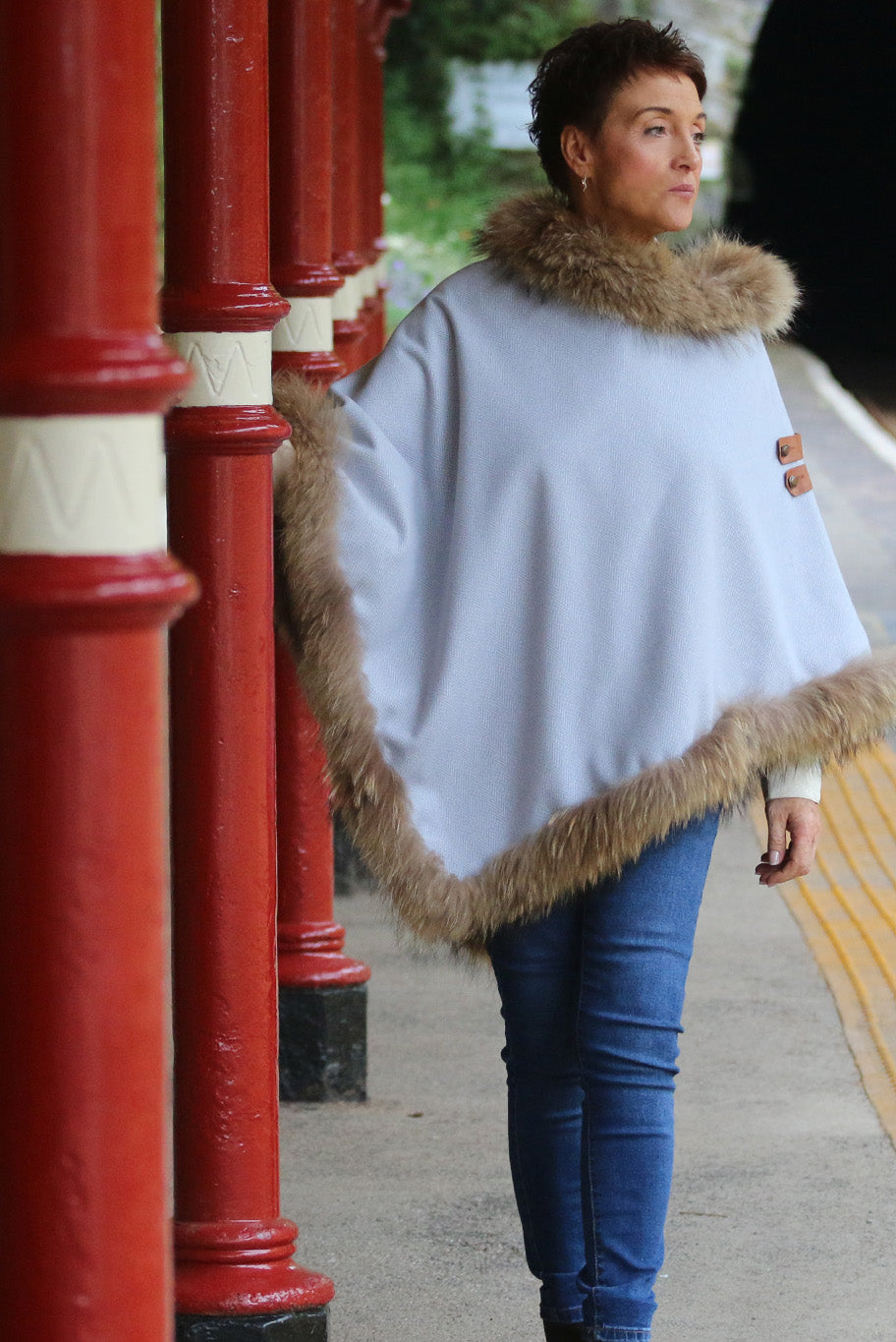 Classic Poncho style cape with reworked natural full fur trim