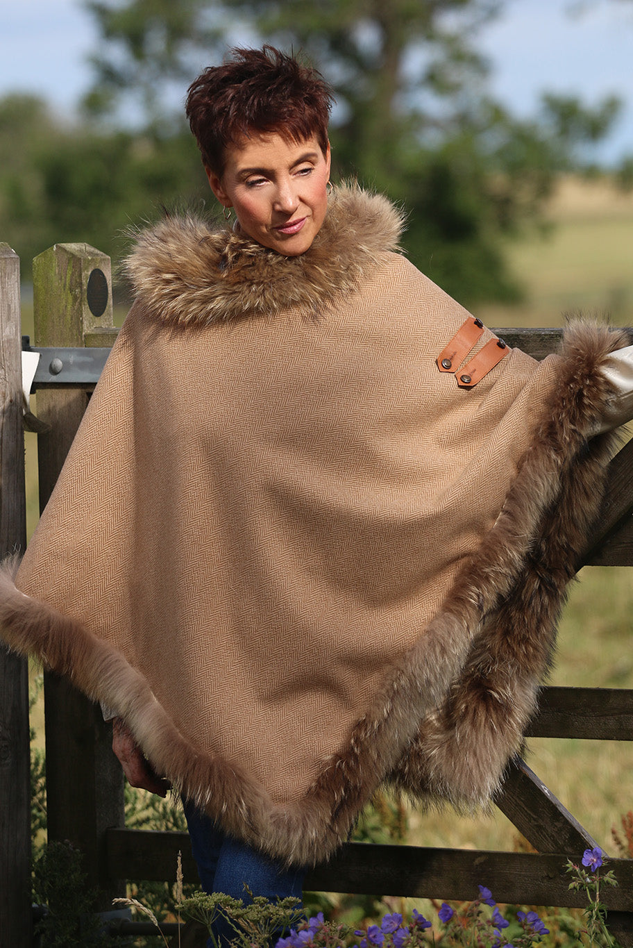 Classic Poncho style cape with reworked natural full fur trim