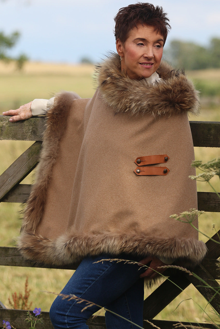 Classic Poncho style cape with reworked natural full fur trim