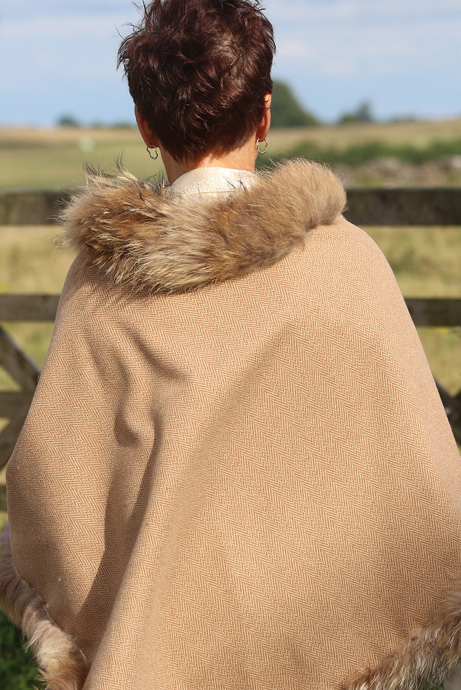 Classic Poncho style cape with reworked natural full fur trim