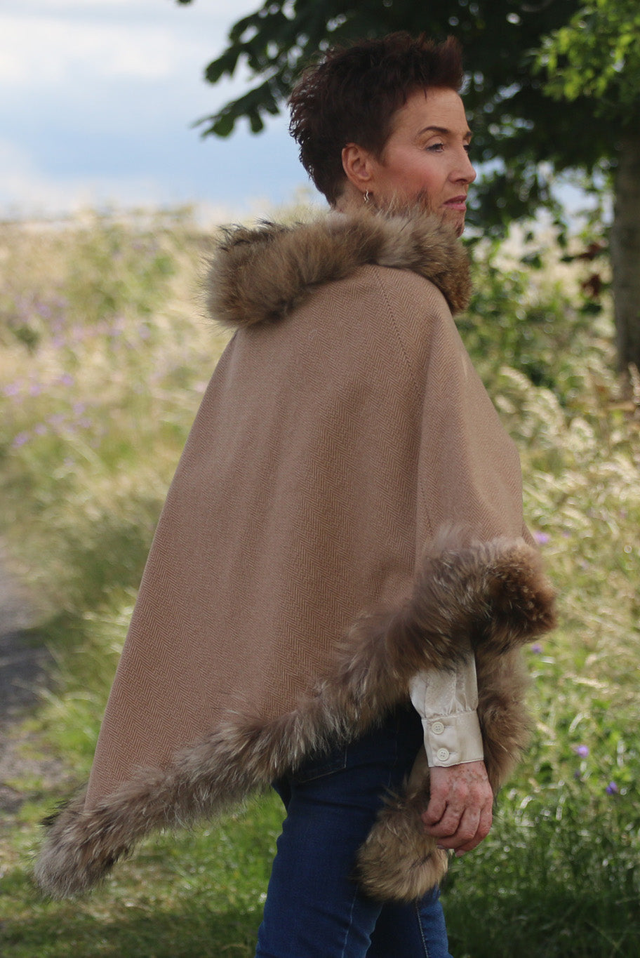 Classic Poncho style cape with reworked natural full fur trim