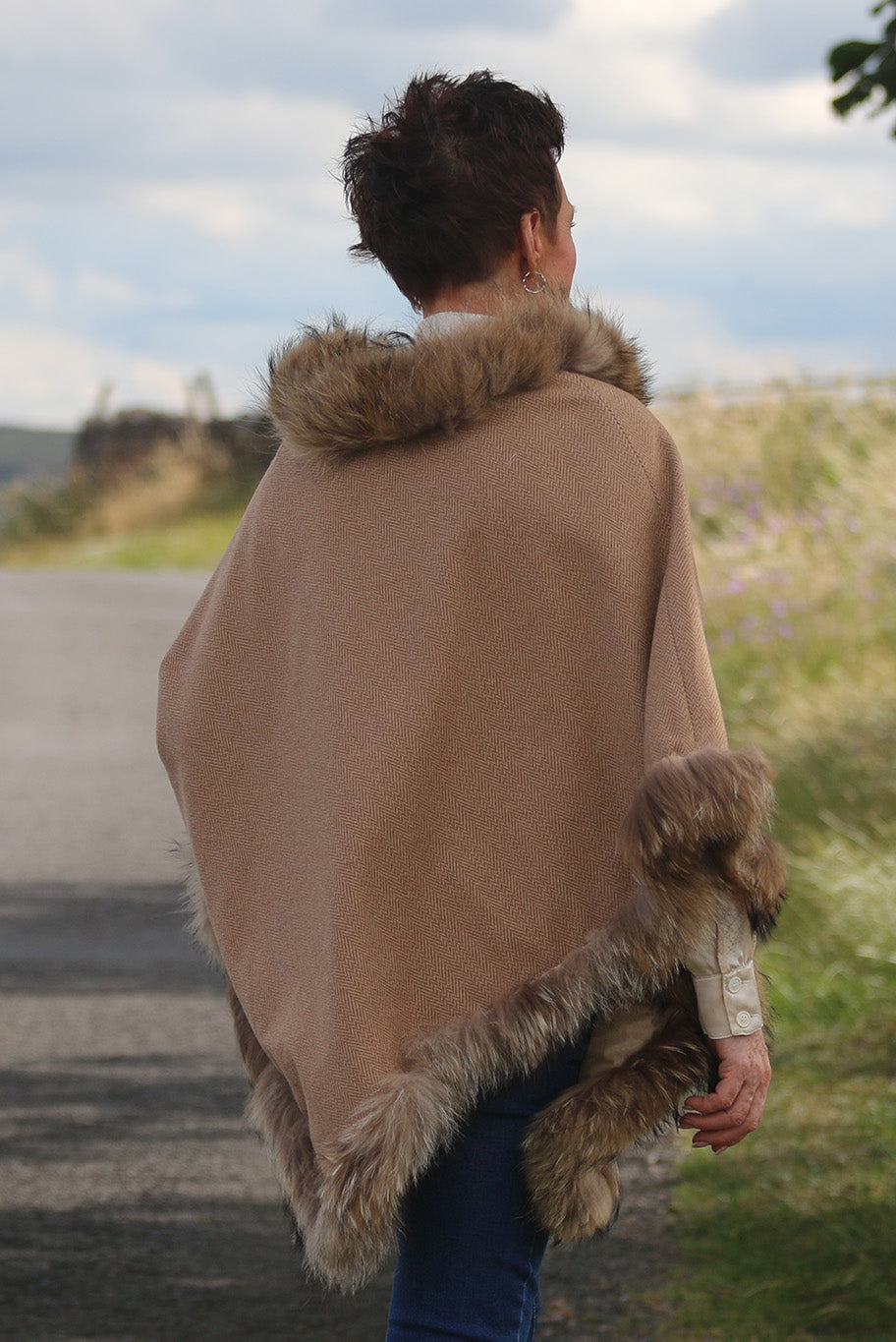 Classic Poncho style cape with reworked natural full fur trim