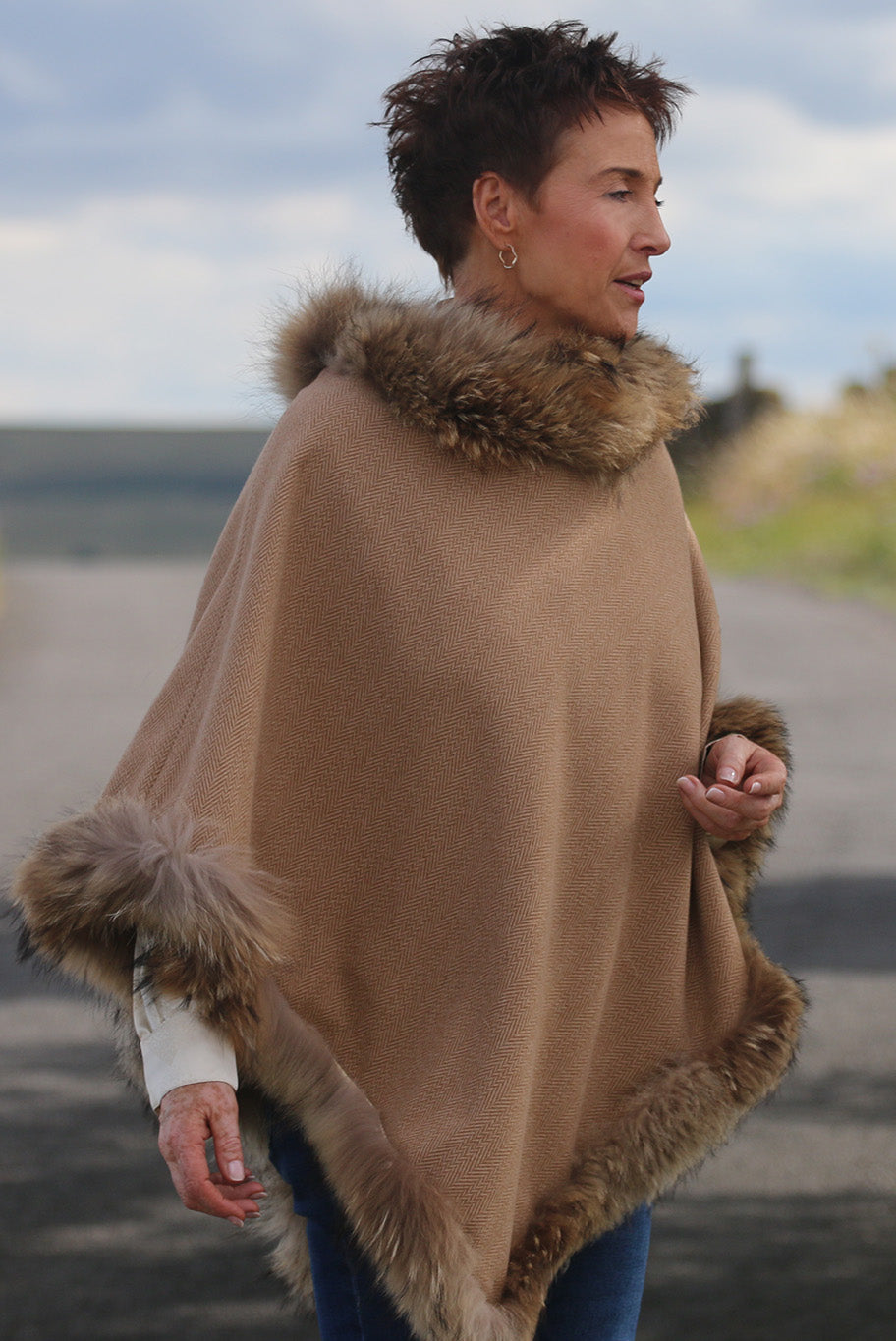 Classic Poncho style cape with reworked natural full fur trim