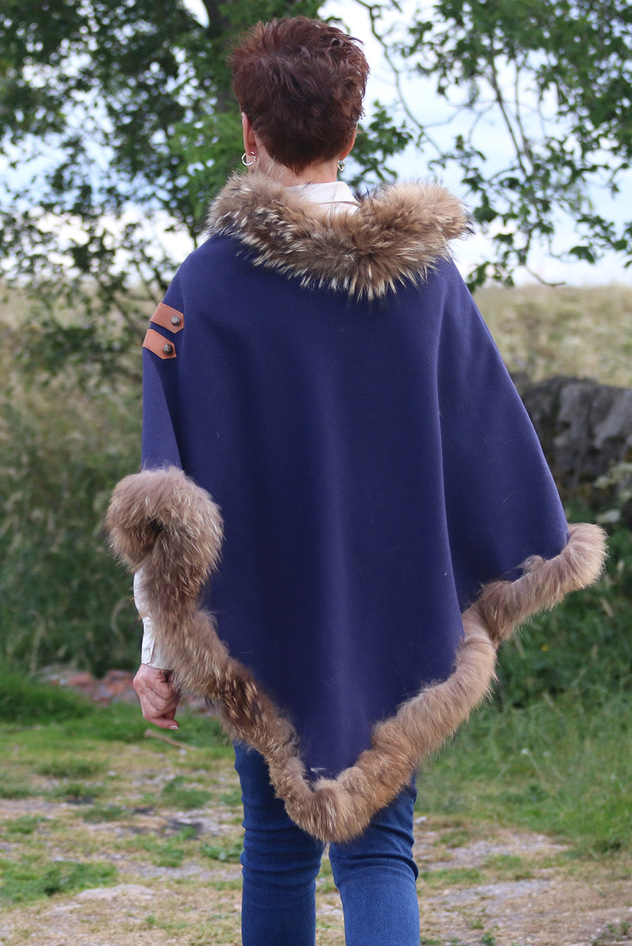 Classic Poncho style cape with reworked natural full fur trim