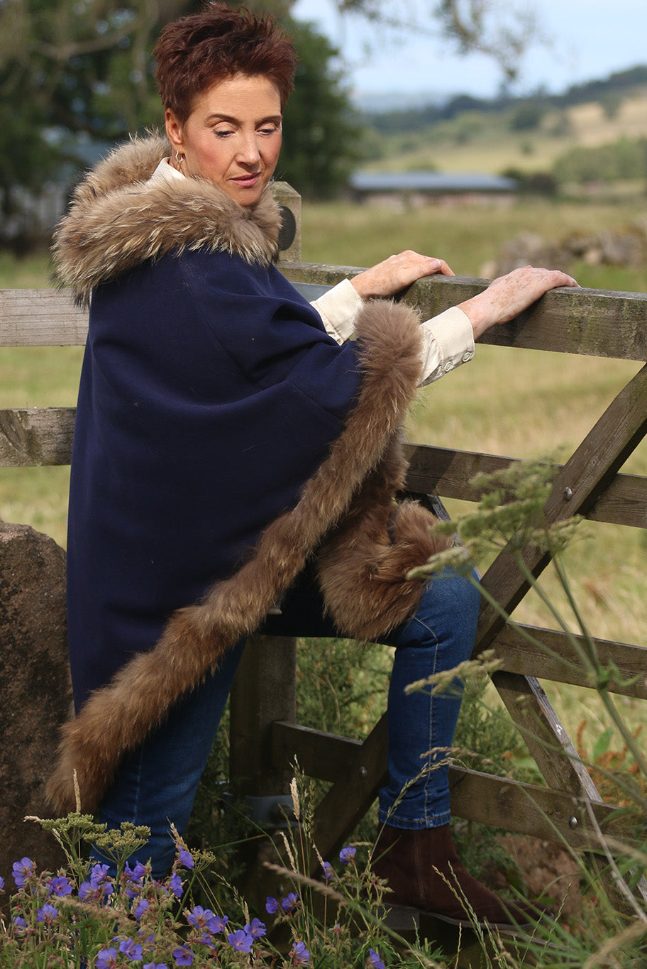 Classic Poncho style cape with reworked natural full fur trim