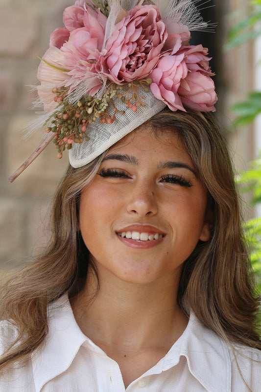 Off white Pillbox style Fascinator with pink Flowers