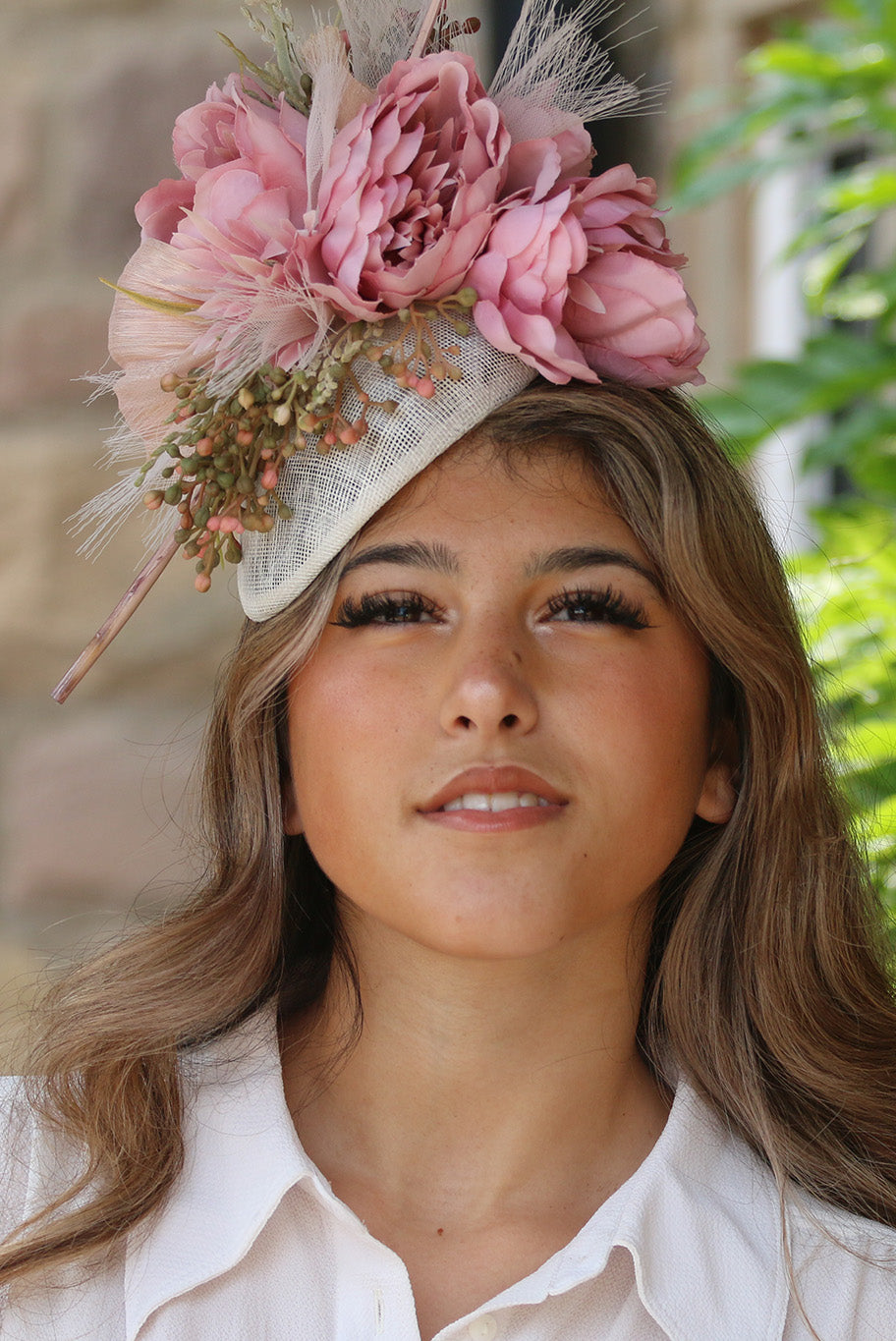 Off white Pillbox style Fascinator with pink Flowers