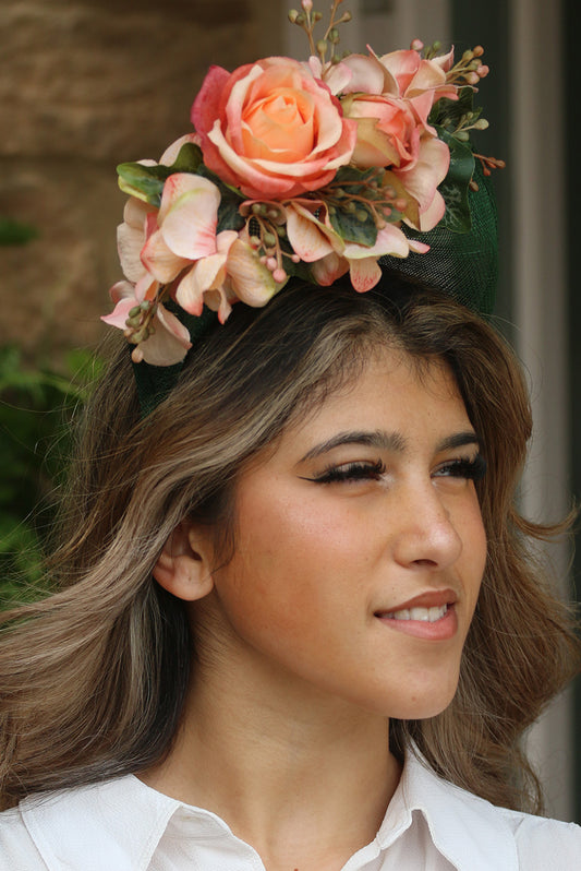 Green and Peach Halo style Fascinator