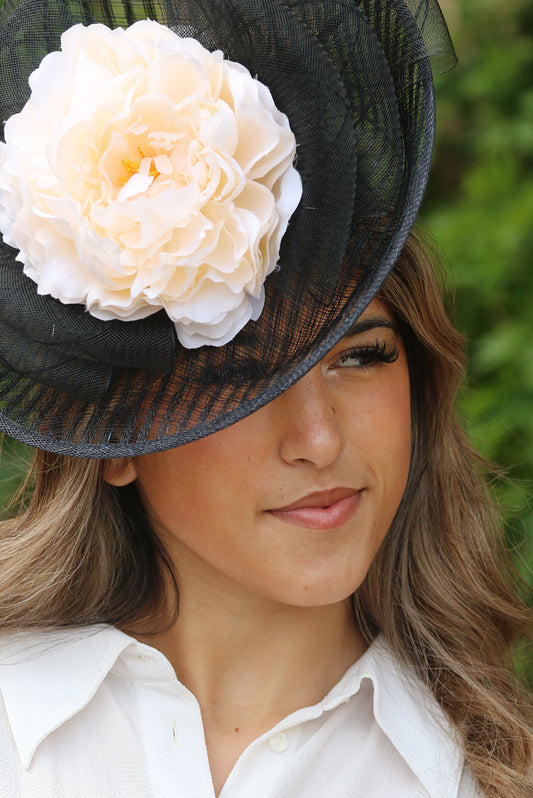 Black Sinamay Disc with  off white flower Fascinator