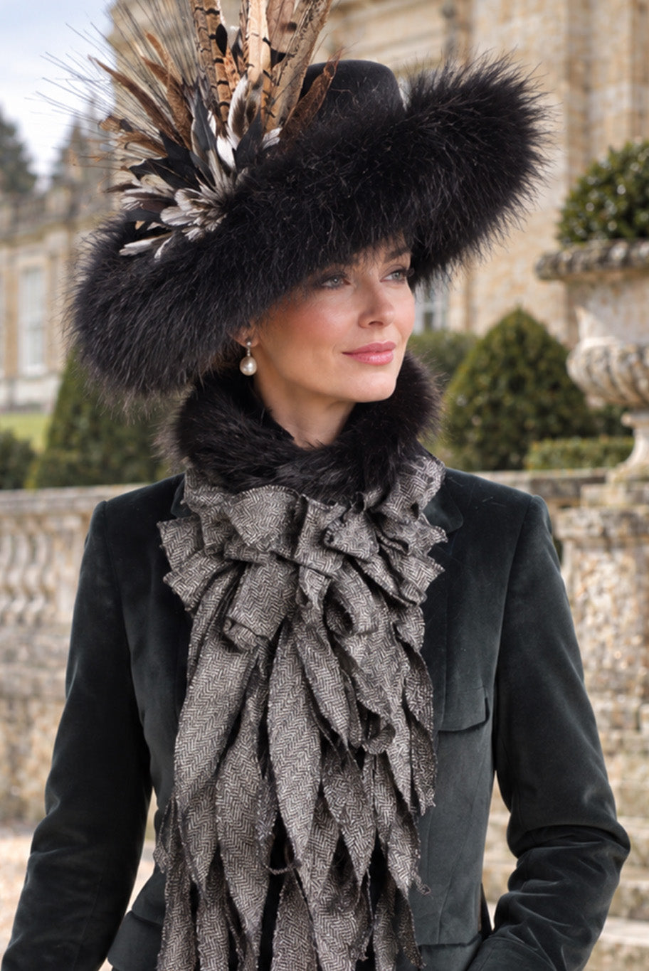 Handmade Jabot neckpiece in black and white tweed with black fur trim