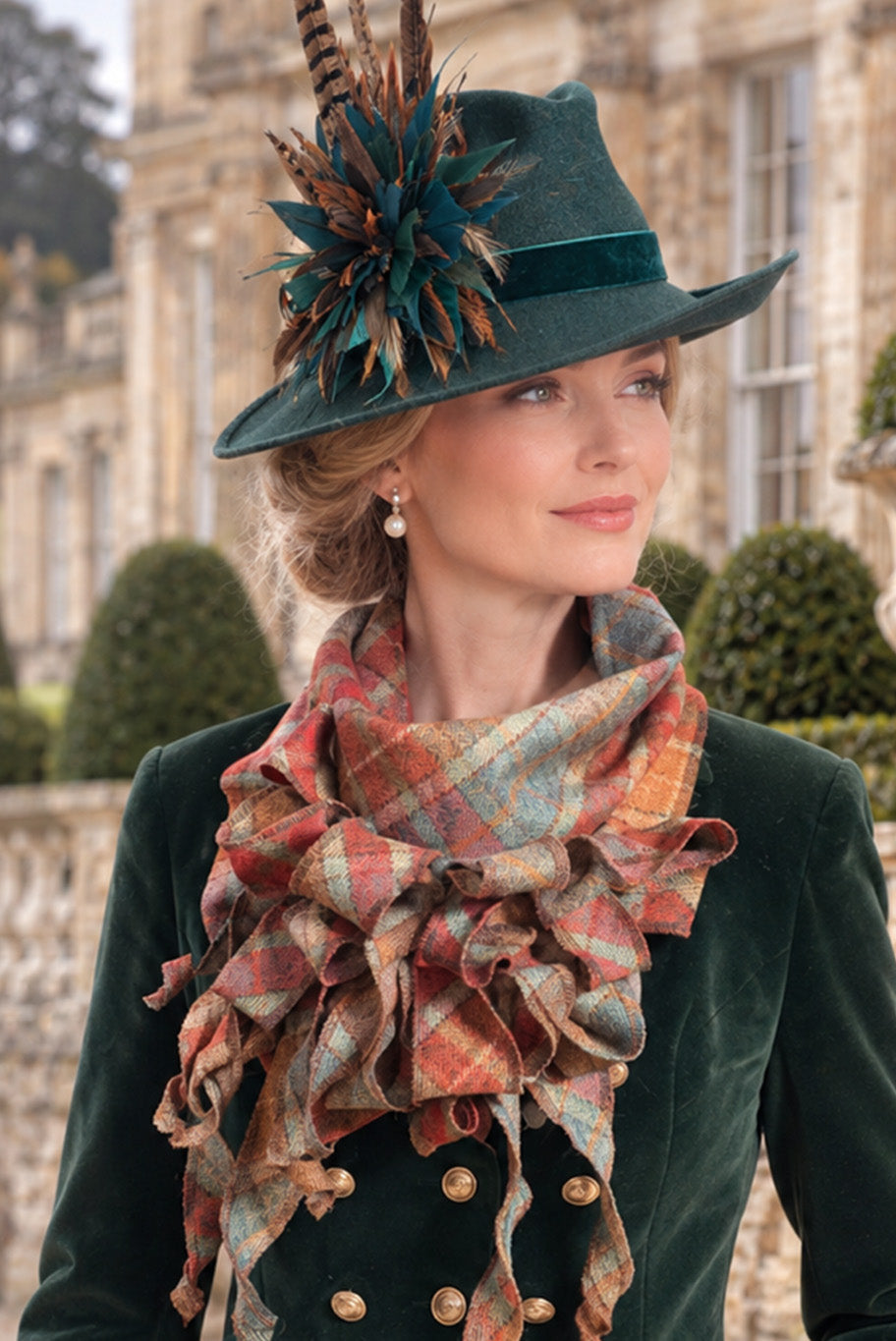Handmade Jabot neckpiece in checkered red tweed