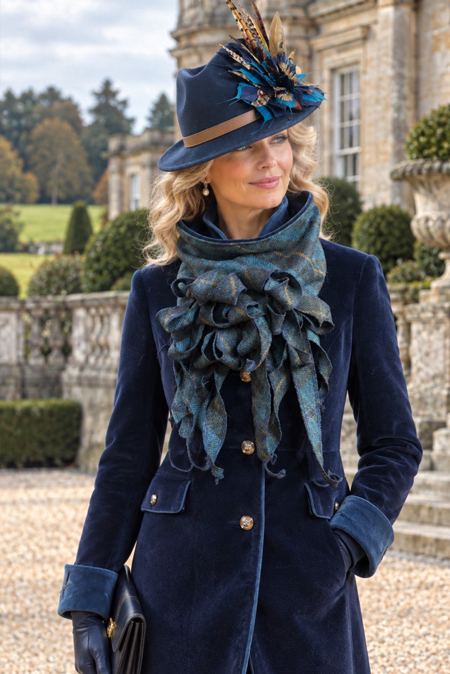 Reloved navy blue velvet jacket, checkered tweed jabot and classic fedora set