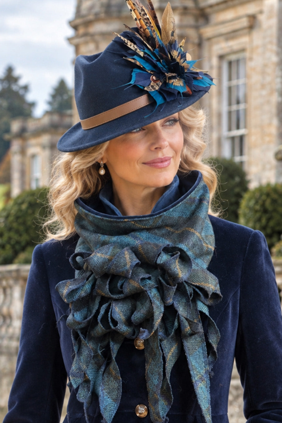 Handmade Jabot neckpiece in blue checkered tweed