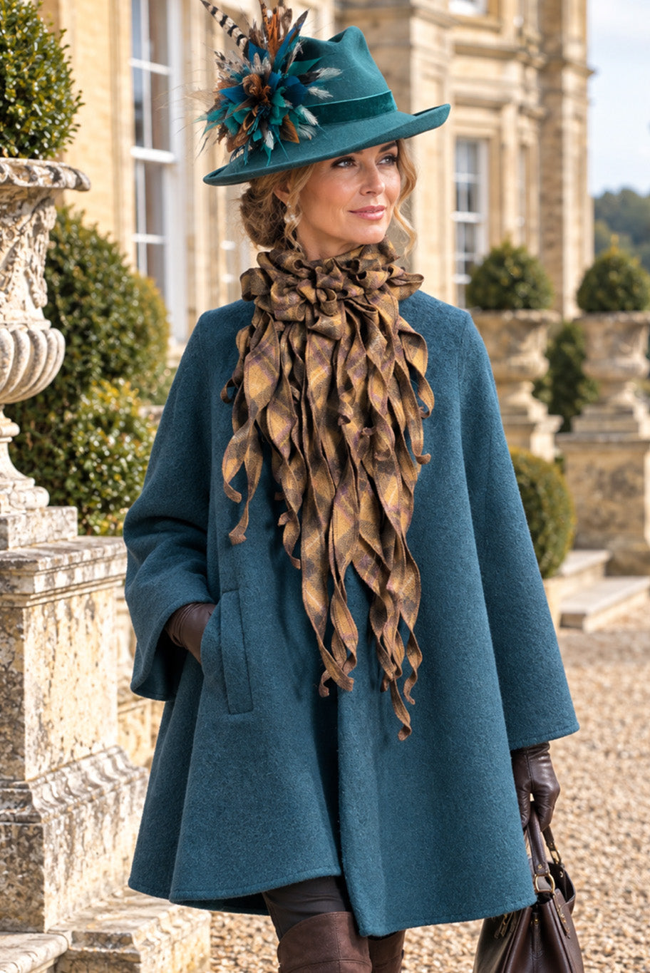 Reloved turquoise wool swing style coat, checkered tweed wool jabot and classic side sweep fedora set