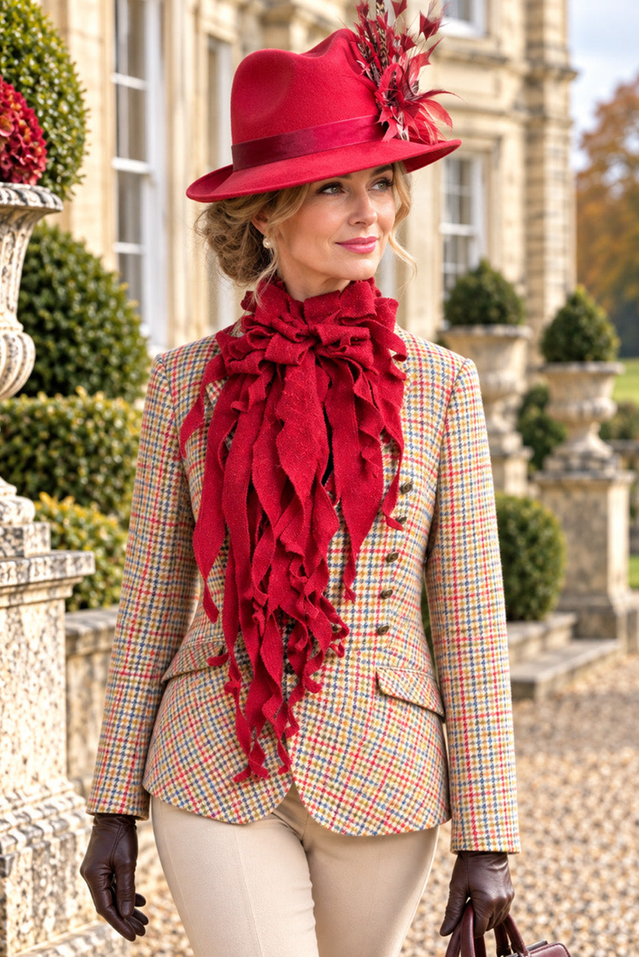 Reloved tan checkered tweed jacket, deep red tweed wool jabot and classic red fedora set