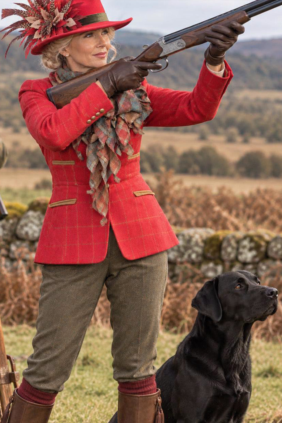 Reloved bright red checkered tweed jacket, checkered tweed wool jabot and bright red wool fedora hat