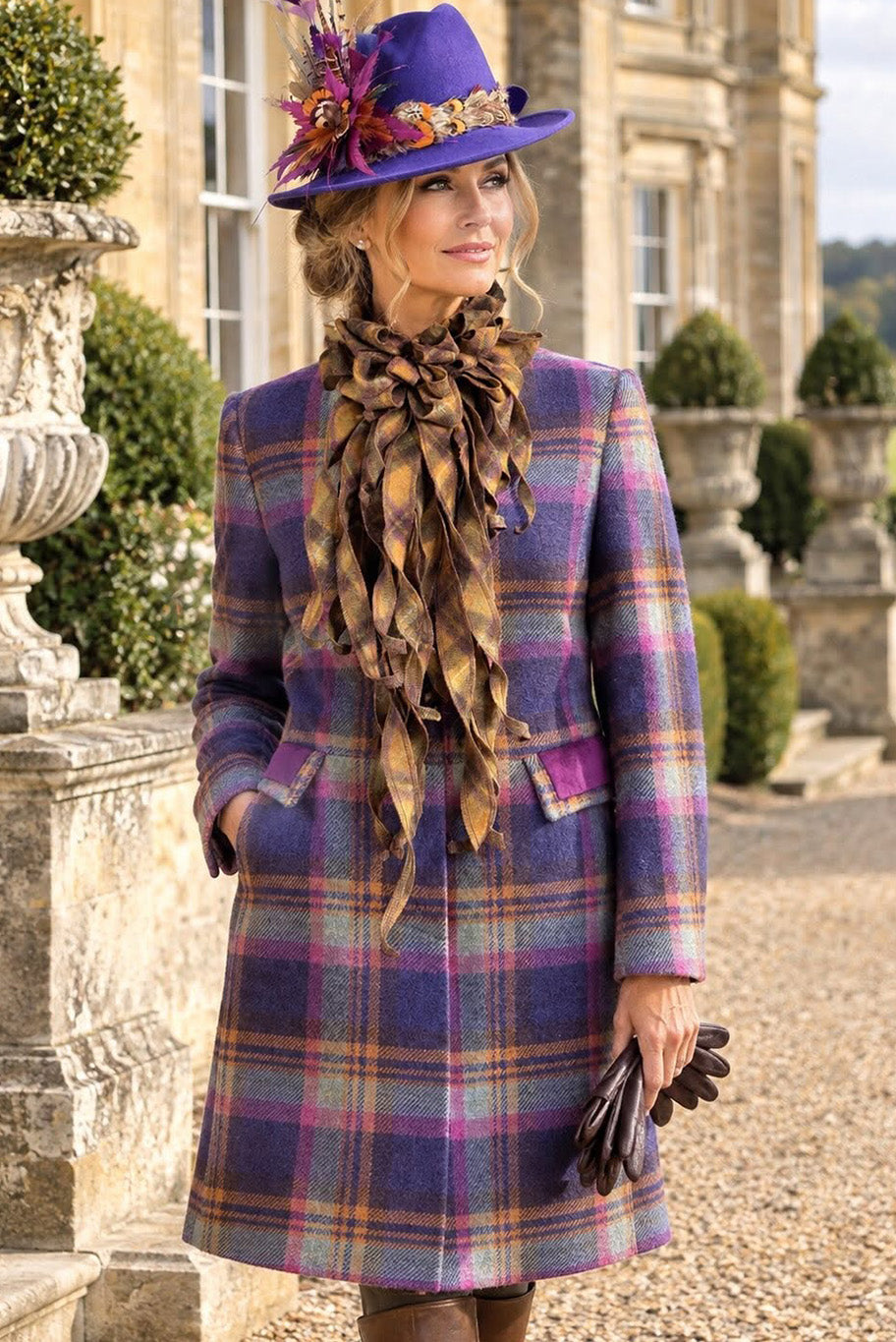 Reloved purple and pink checkered long tweed jacket, checkered tweed wool jabot and bright purple wool fedora hat