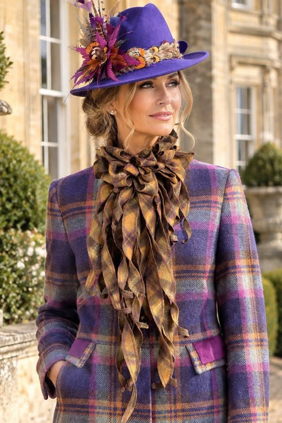 Handmade Jabot neckpiece in brown checkered tweed