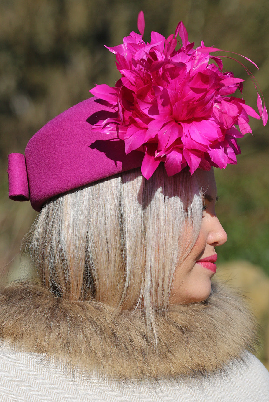 Pink Pill Box style headpiece with Feather display