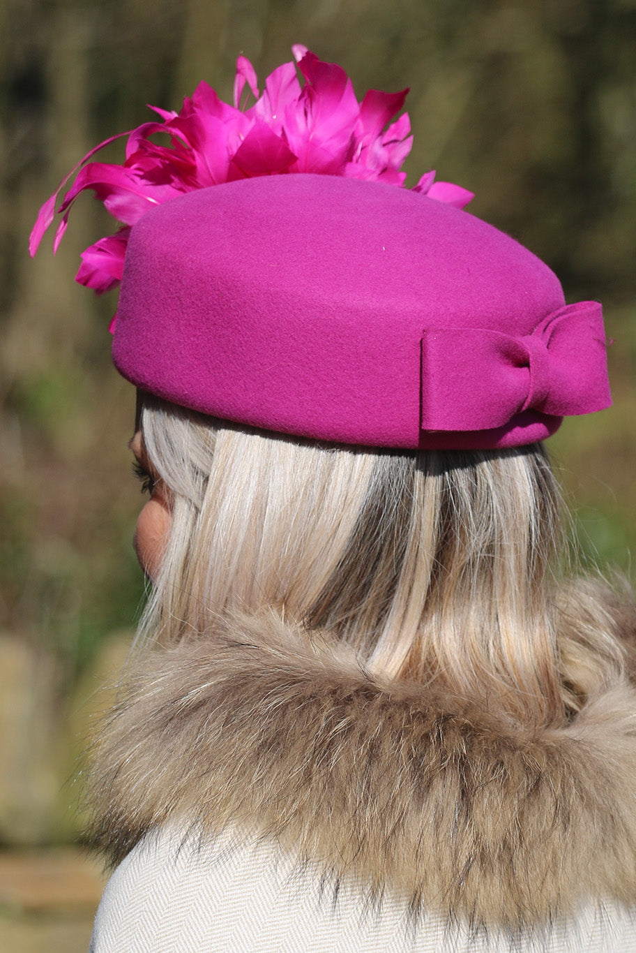 Pink Pill Box style headpiece with Feather display