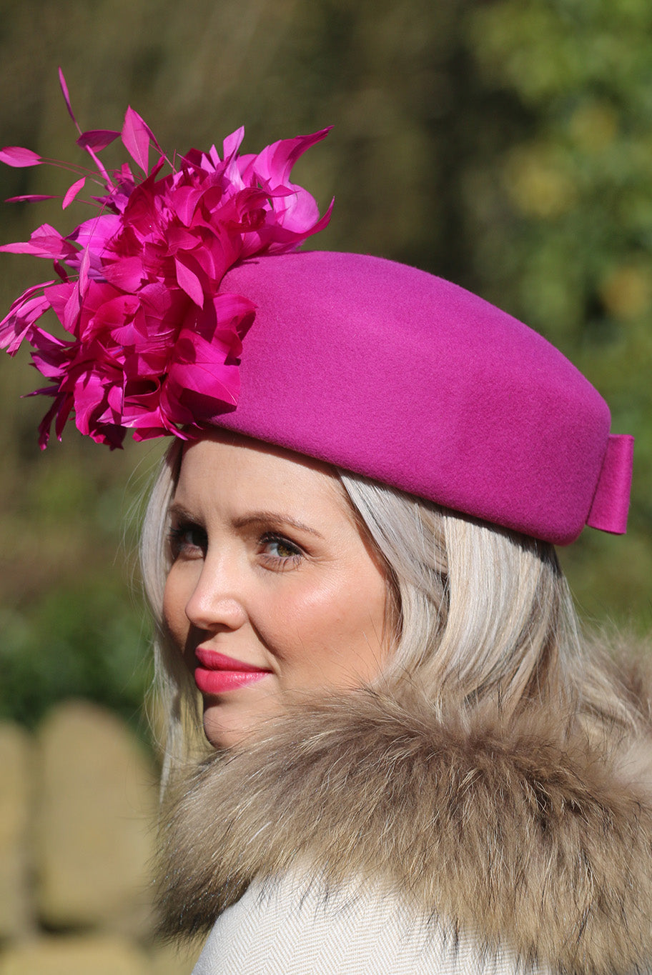 Pink Pill Box style headpiece with Feather display