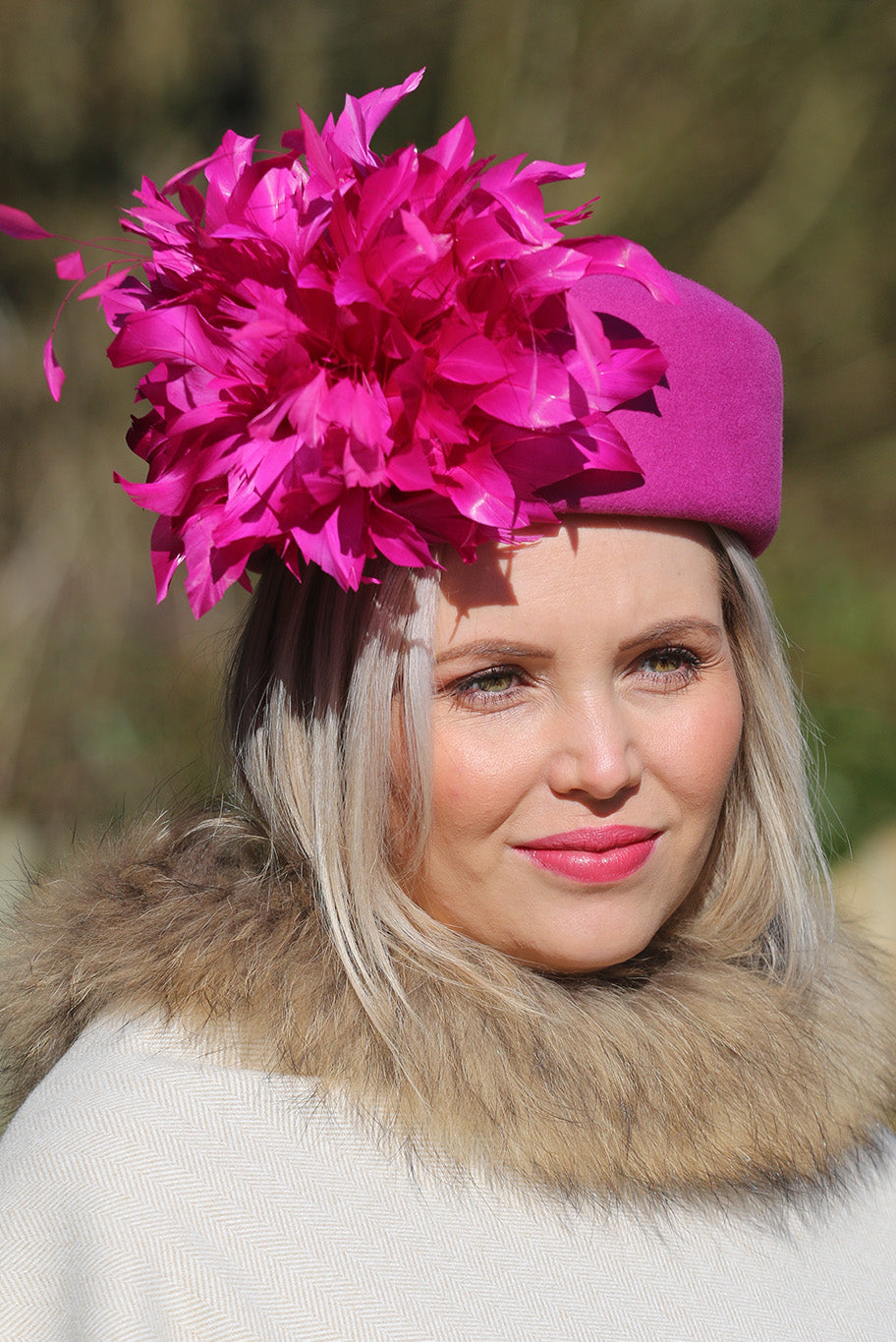 Pink Pill Box style headpiece with Feather display