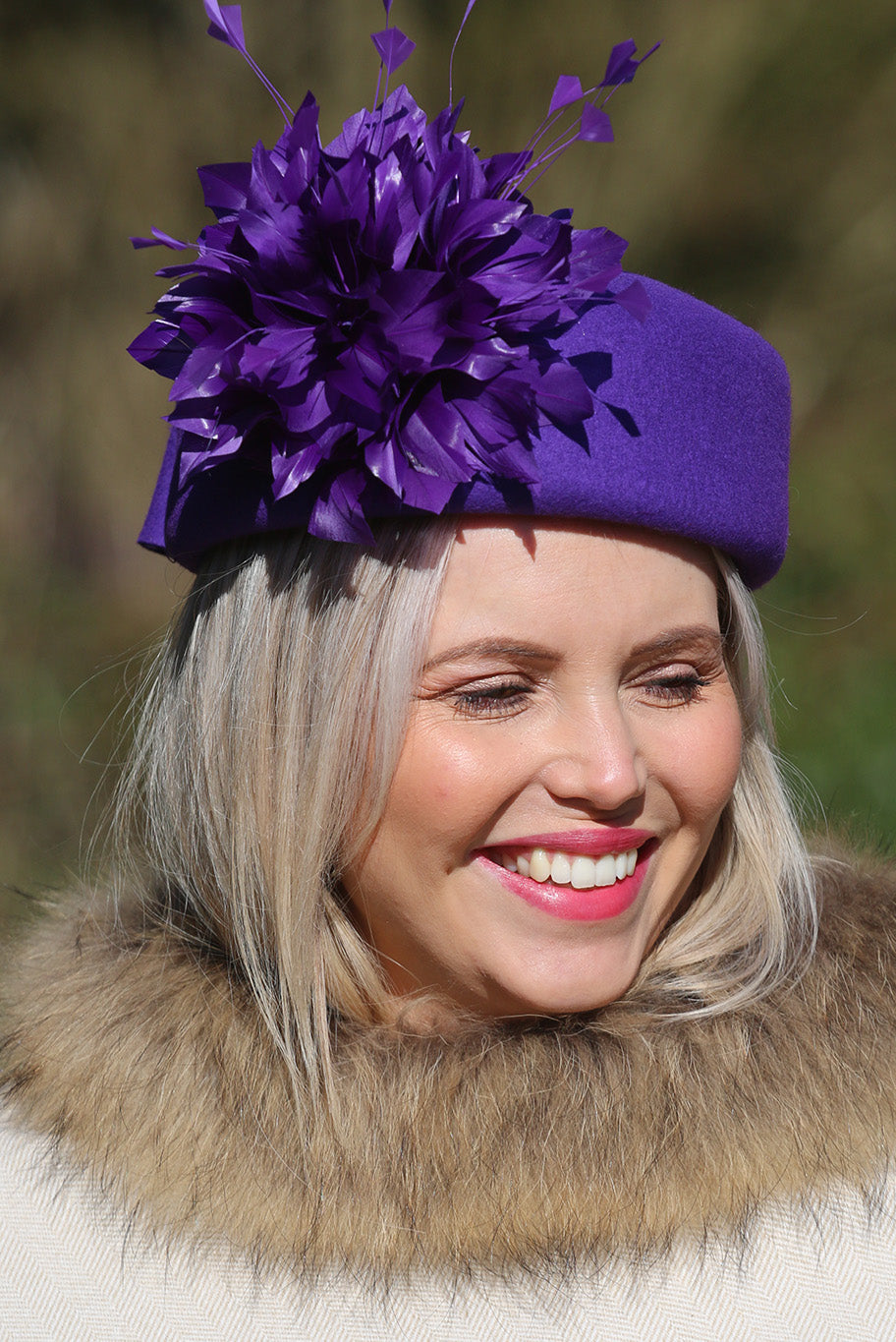 Purple Pill Box style headpiece with Feather display