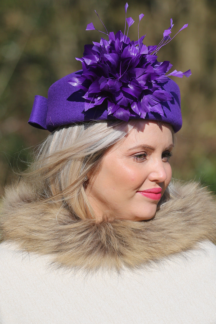 Purple Pill Box style headpiece with Feather display