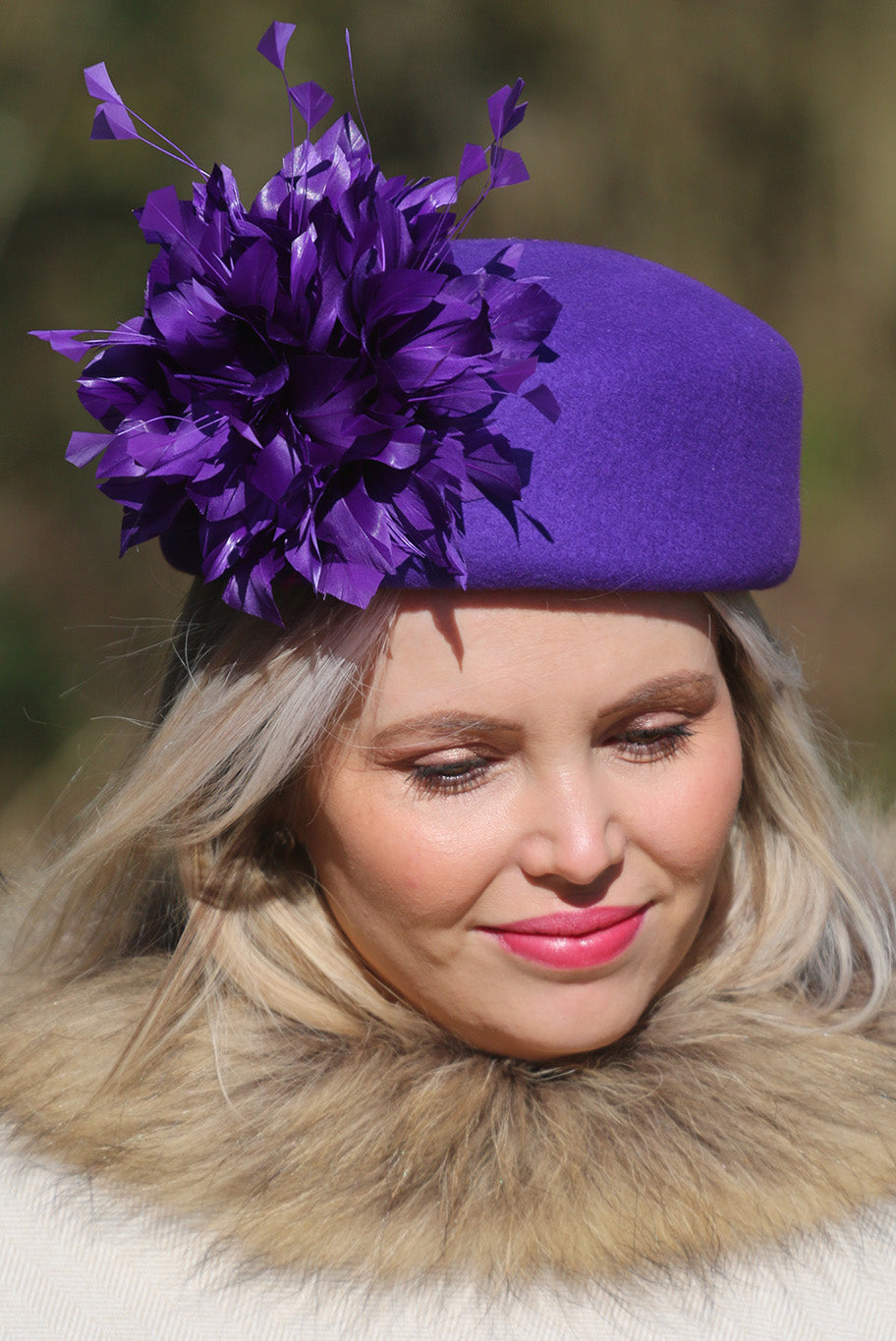 Purple Pill Box style headpiece with Feather display