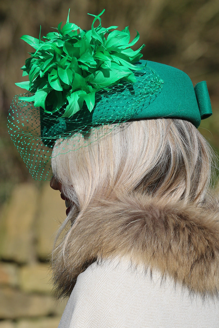 Emerald Pill Box style headpiece with Feather display