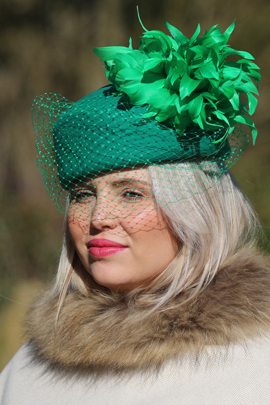 Emerald Pill Box style headpiece with Feather display