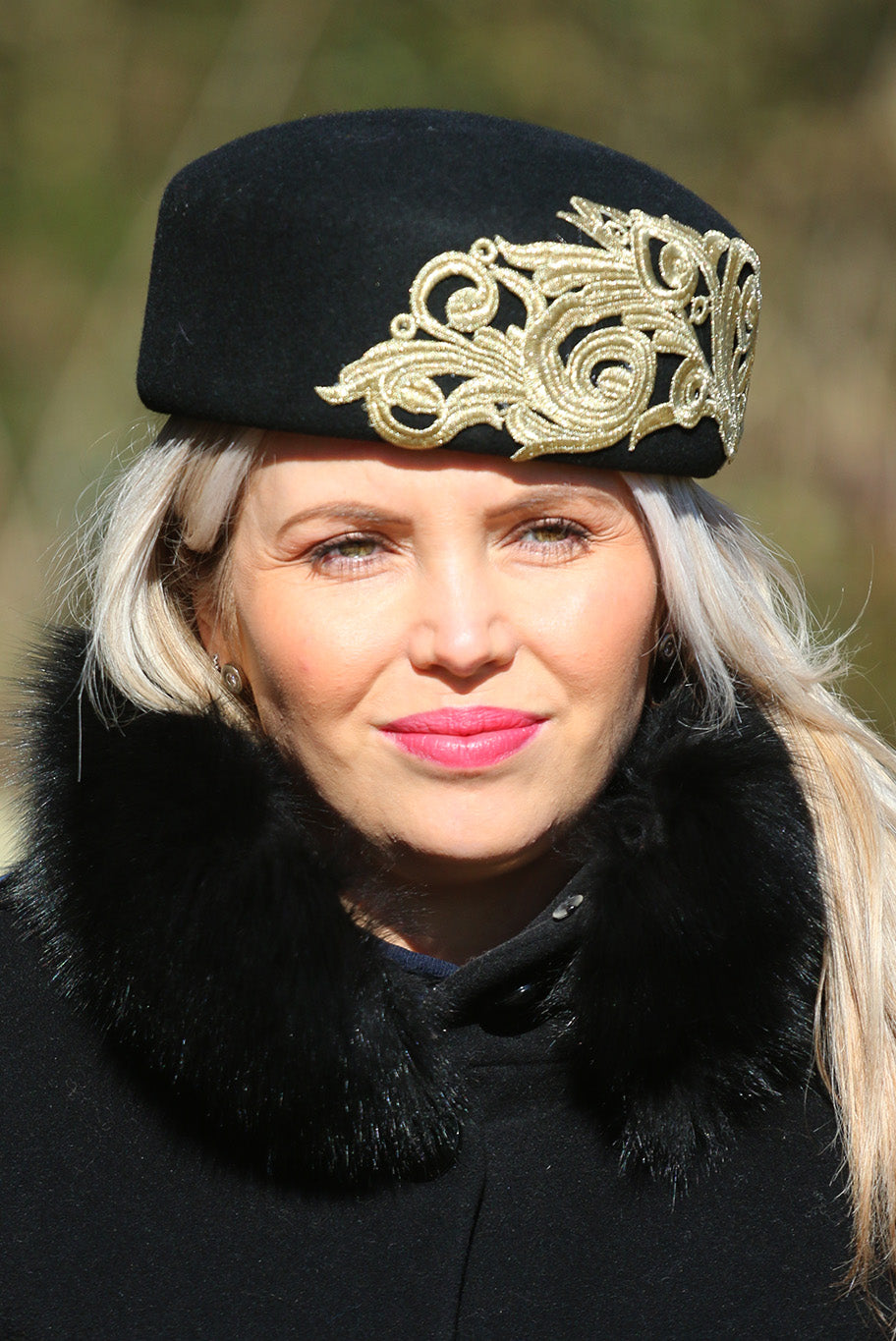 Pill Box style headpiece with gold embroidered detail
