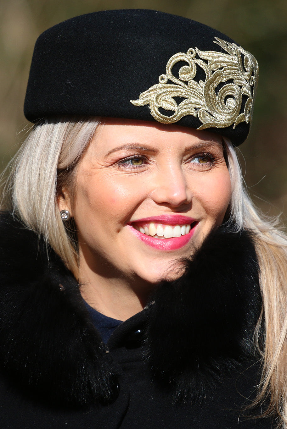 Pill Box style headpiece with gold embroidered detail