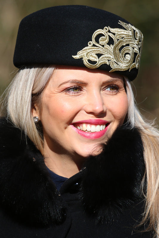 Pill Box style headpiece with gold embroidered detail